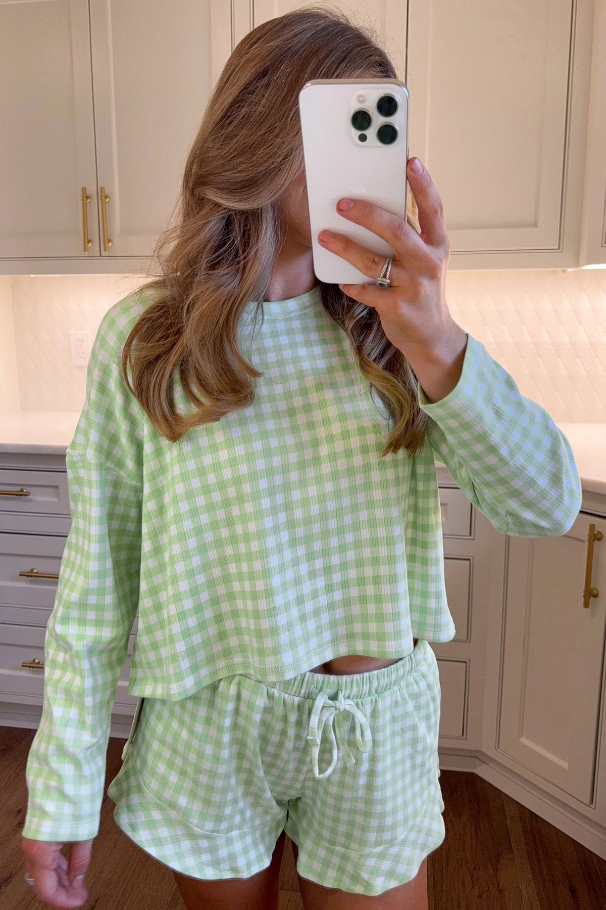 Green Gingham Long Sleeve Loose Top Drawstring Shorts Lounge Set