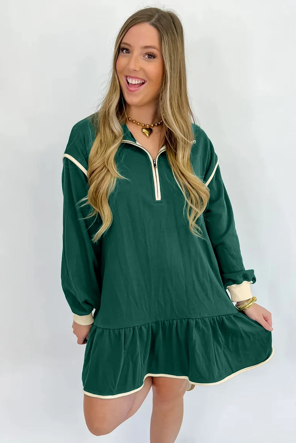 Evergreen Zip Collar Long Sleeve Ruffle Hem Mini Dress