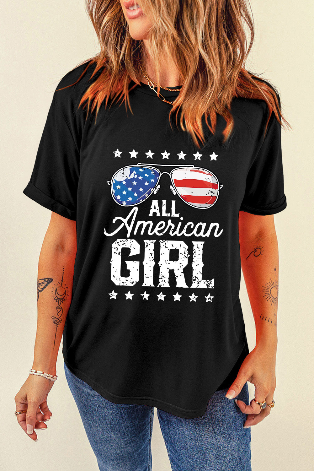 Black Stars and Stripes Glasses Slogan Graphic T-Shirt