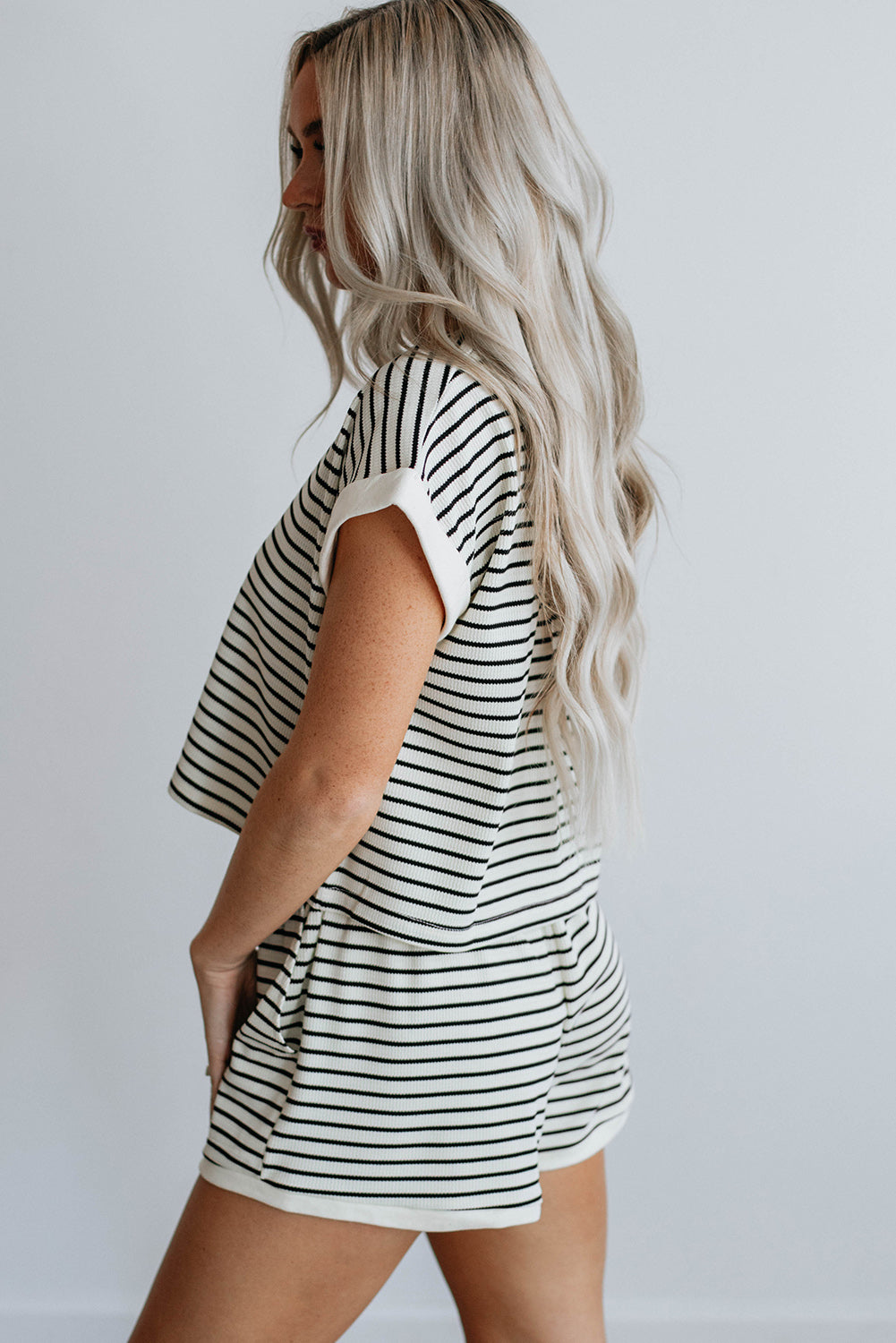 Women's White Stripe Contrast Edge Tee and Shorts Set