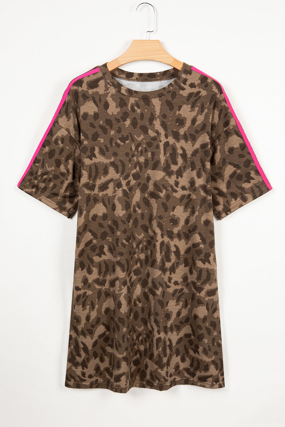 Brown Contrast Striped Accent Leopard T-Shirt Mini Dress with Pockets