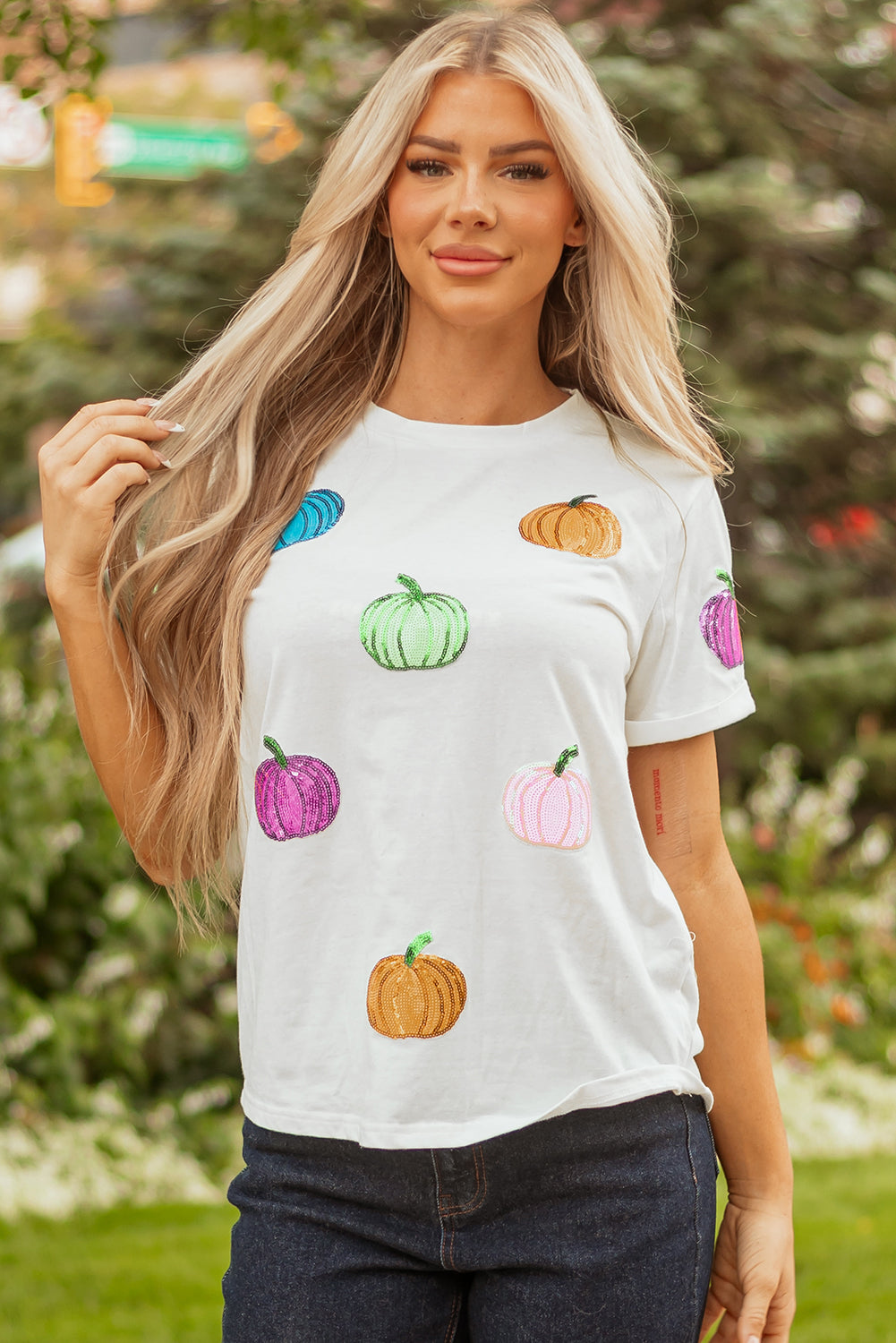 White Sequin Pumpkin Patched Cotton Blend T-Shirt