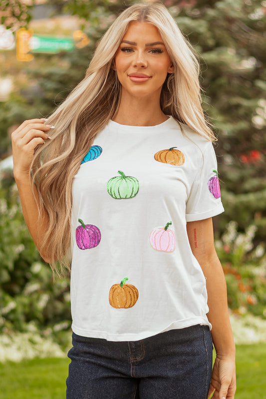 White Sequin Pumpkin Patched Cotton Blend T-Shirt