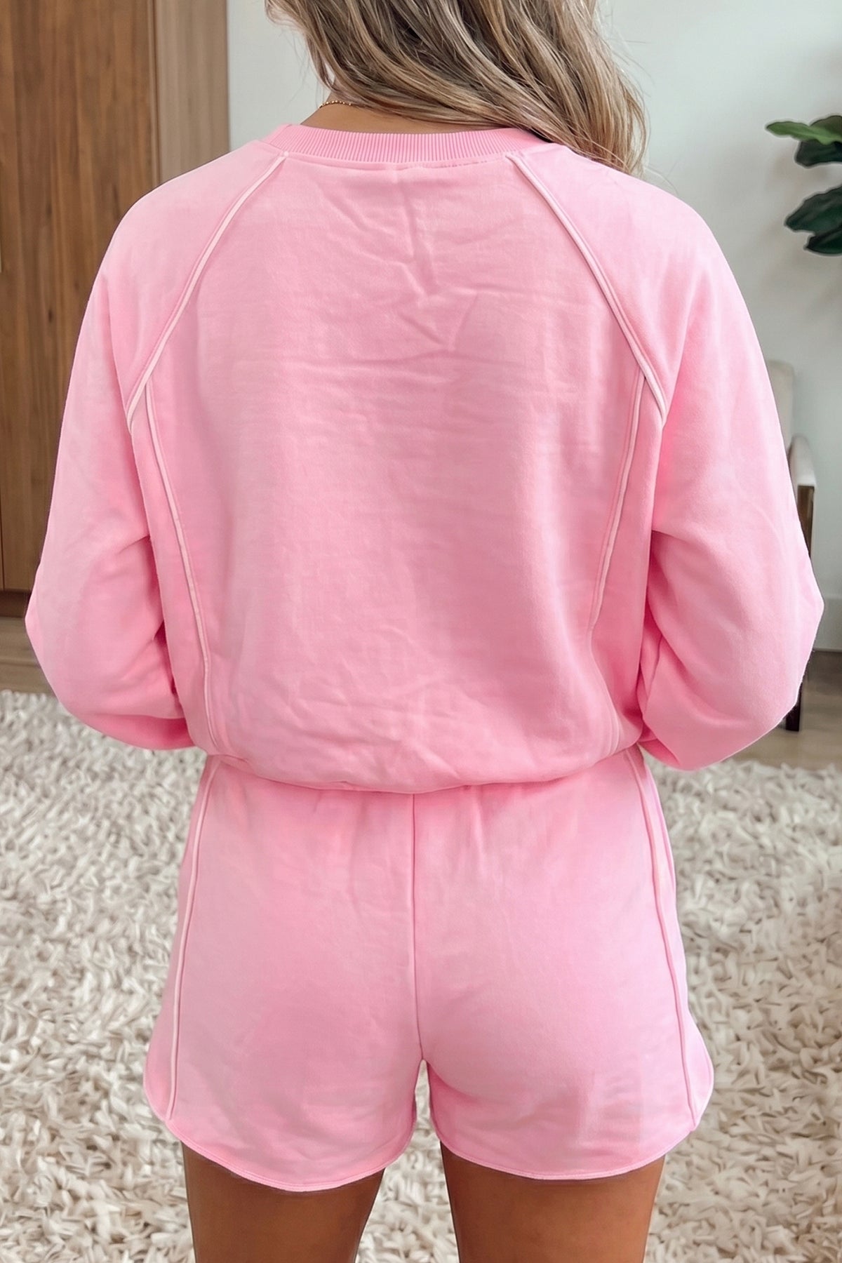 Women's Pink Piping Trim Long Sporty Pullover Shorts Set