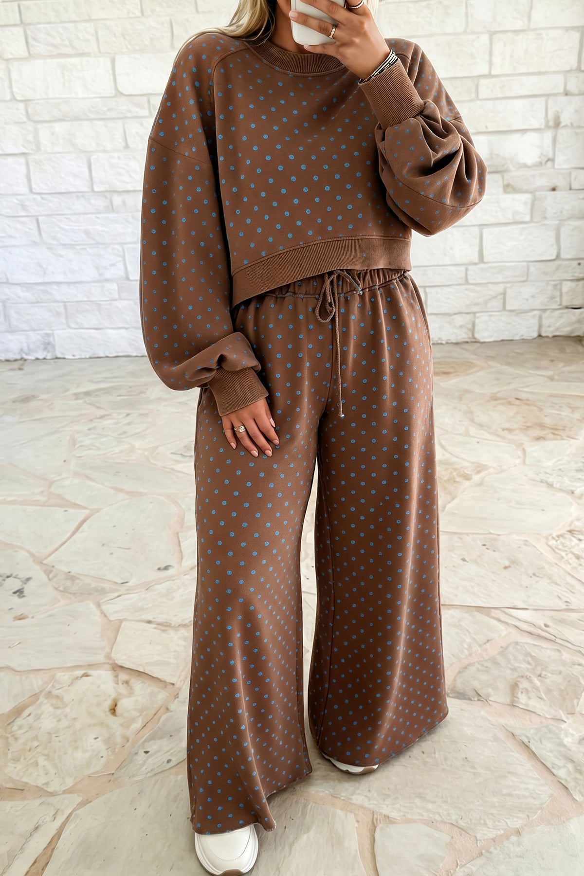 Brown Polka Dot Round-Neck Long-Sleeve Plus Size Set