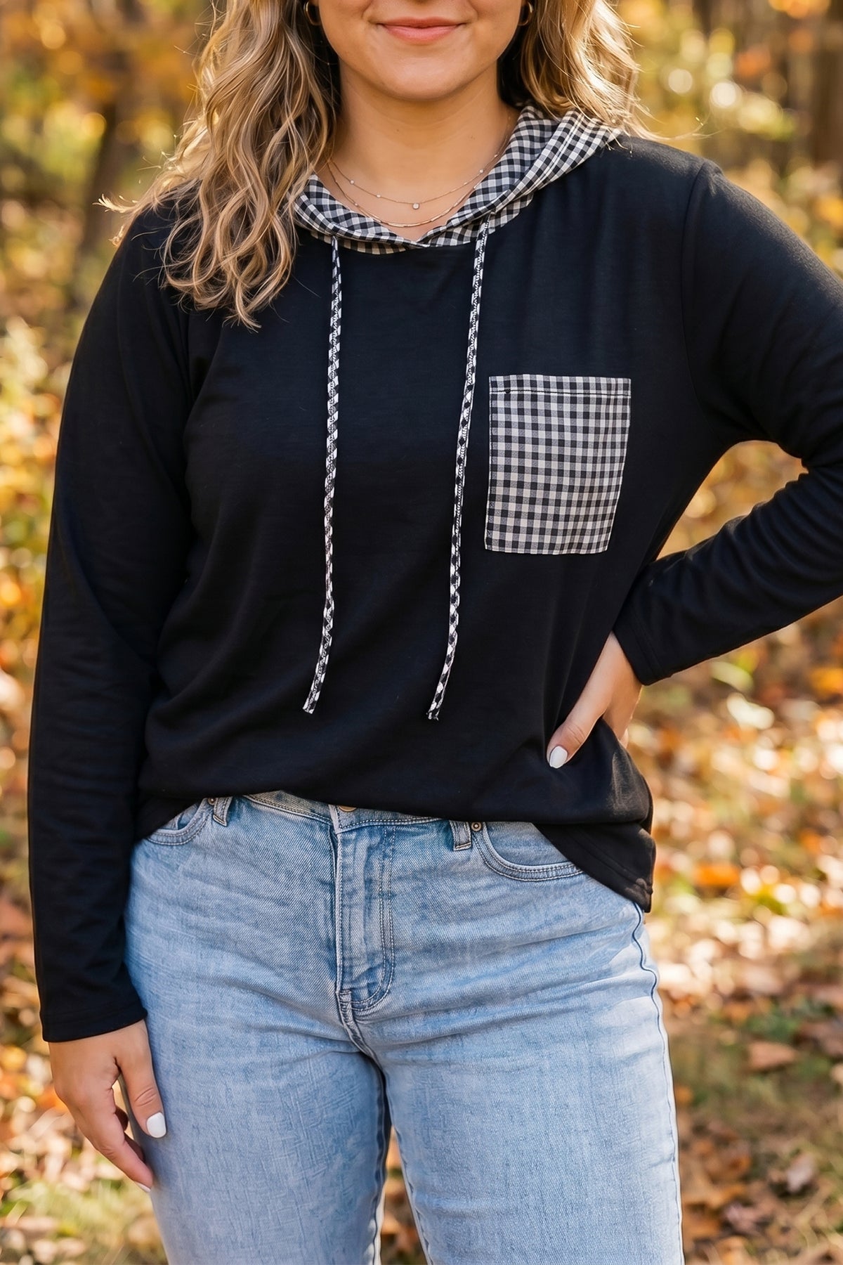 Black Hooded Gingham Paneling Chest Patch Pocket Long-Sleeve Plus Size Blouse