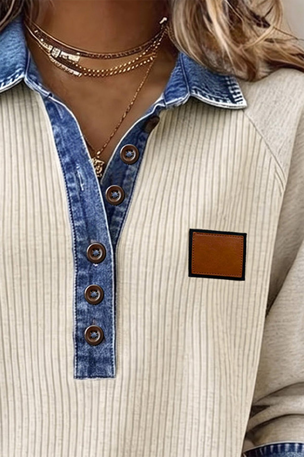 Light Grey Ribbed Denim Colorblock Button Collar Top