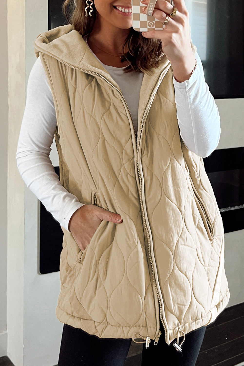 Pale Khaki Quilted Padded Winter Jacket Vest with Fleece Lining