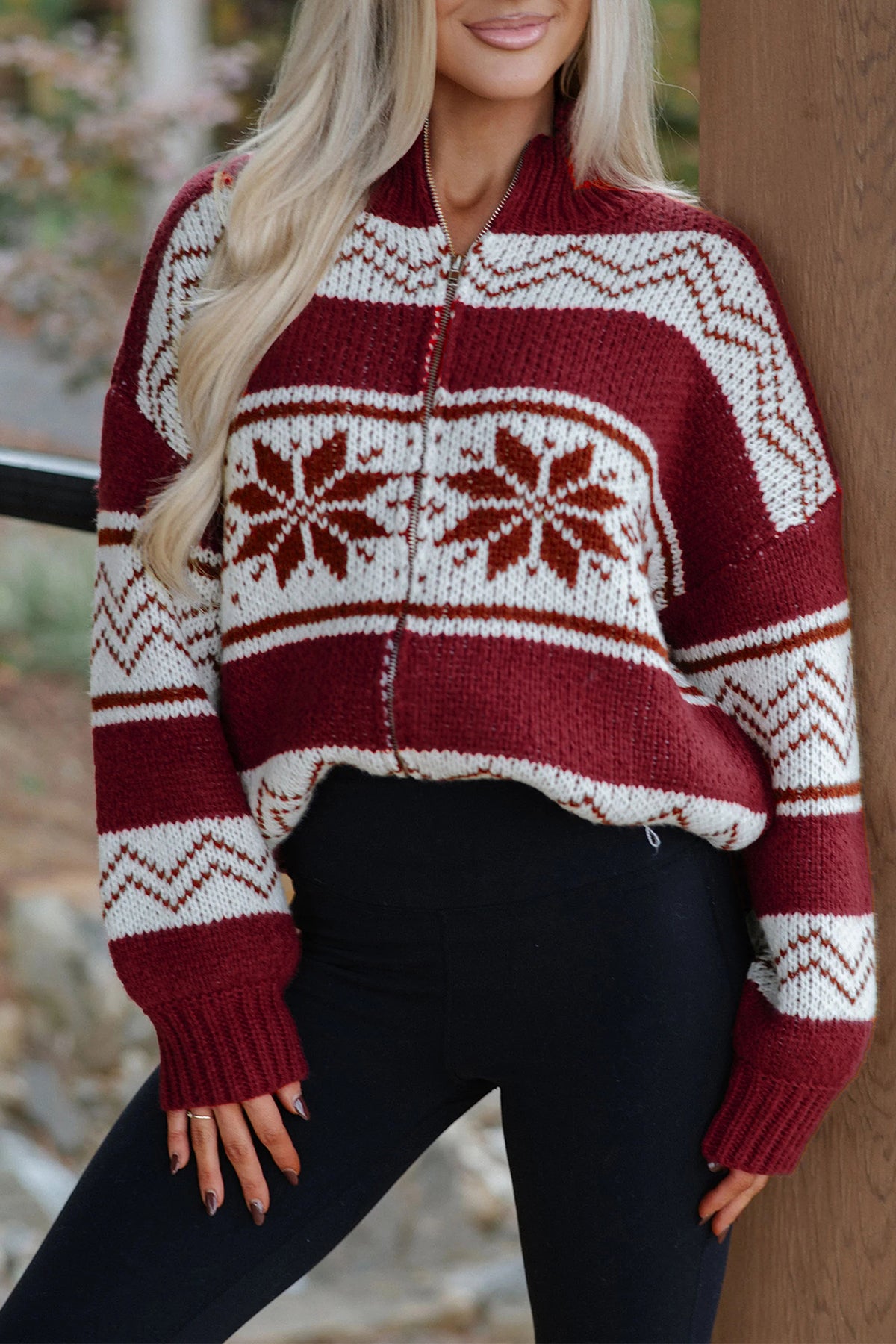 Red Geometric Pattern Zip-Up Knit Long Sleeve Cardigan
