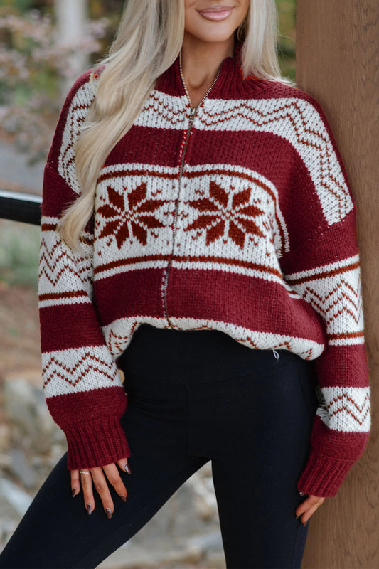 Red Geometric Pattern Zip-Up Knit Long Sleeve Cardigan