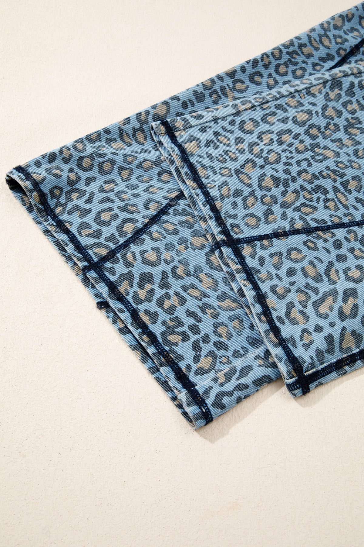 Blue Leopard Print Exposed Seam Wide Leg Drawstring Jeans