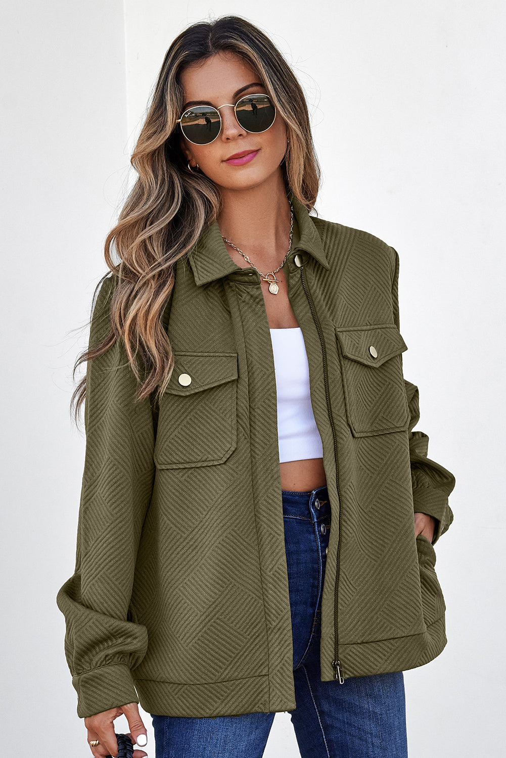 Blackish Green Zip Up Button Flap Pocket Shirt Collar Jacket