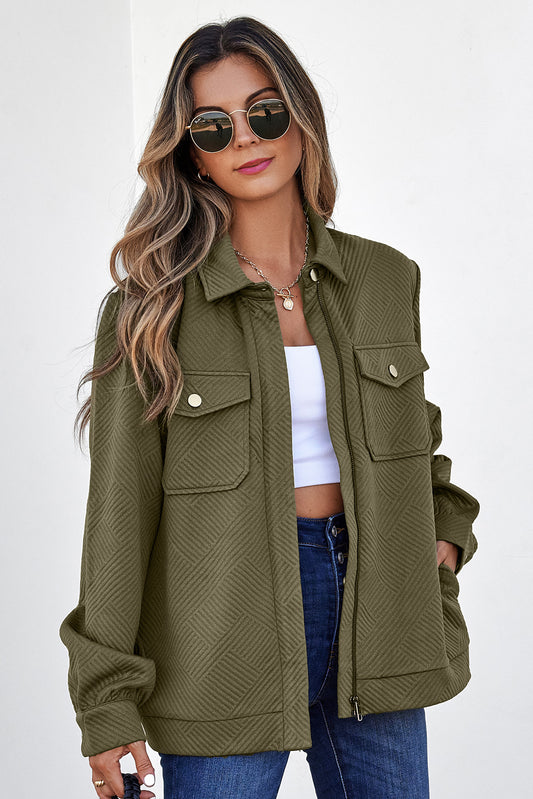 Blackish Green Zip Up Button Flap Pocket Shirt Collar Jacket
