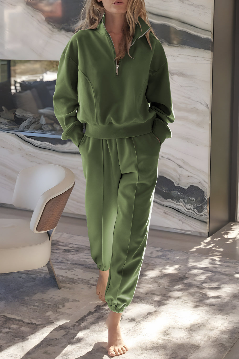 Women's Vineyard Green Half Zip up Pullover Active Top & Joggers Set