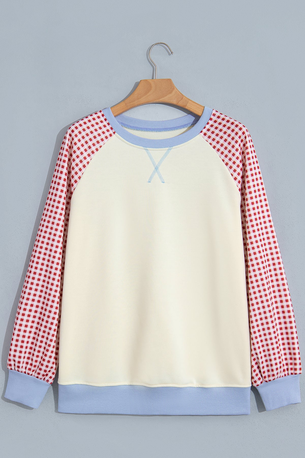 Beige Plaid Sleeve Colorblock Raglan Sweatshirt