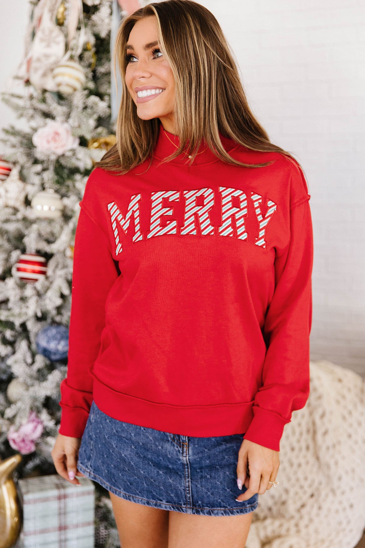 Fiery Red Embroidered Merry Slogan Stand Neck Shift Sweatshirt