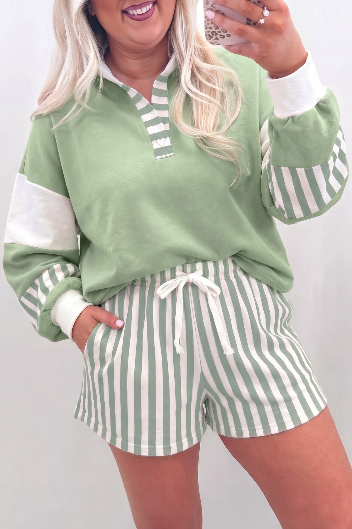 Smoke Green Striped Patchwork V-Neck Two-Piece Shorts Plus Size Set