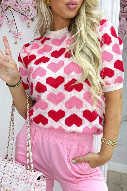 Sachet Pink 2-tone Heart Print Valentine Crew Neck Short Sleeve Sweater