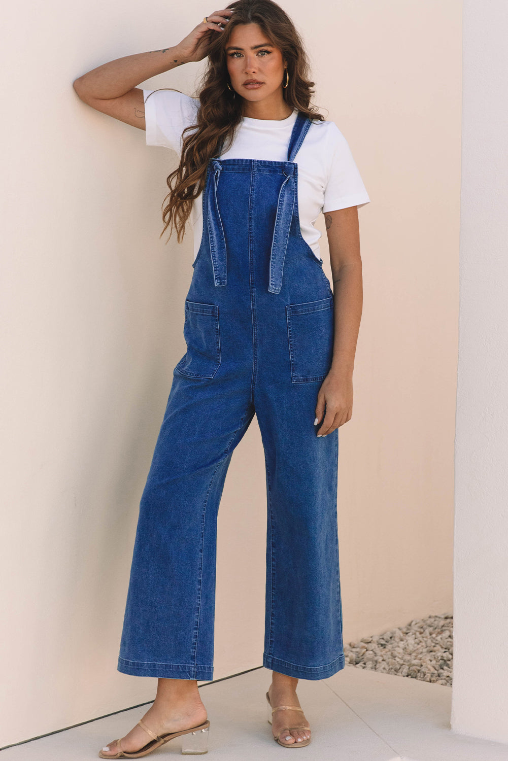 Prussian Blue Mineral Wash Knotted Strap Patched Pocket Wide Jumpsuit