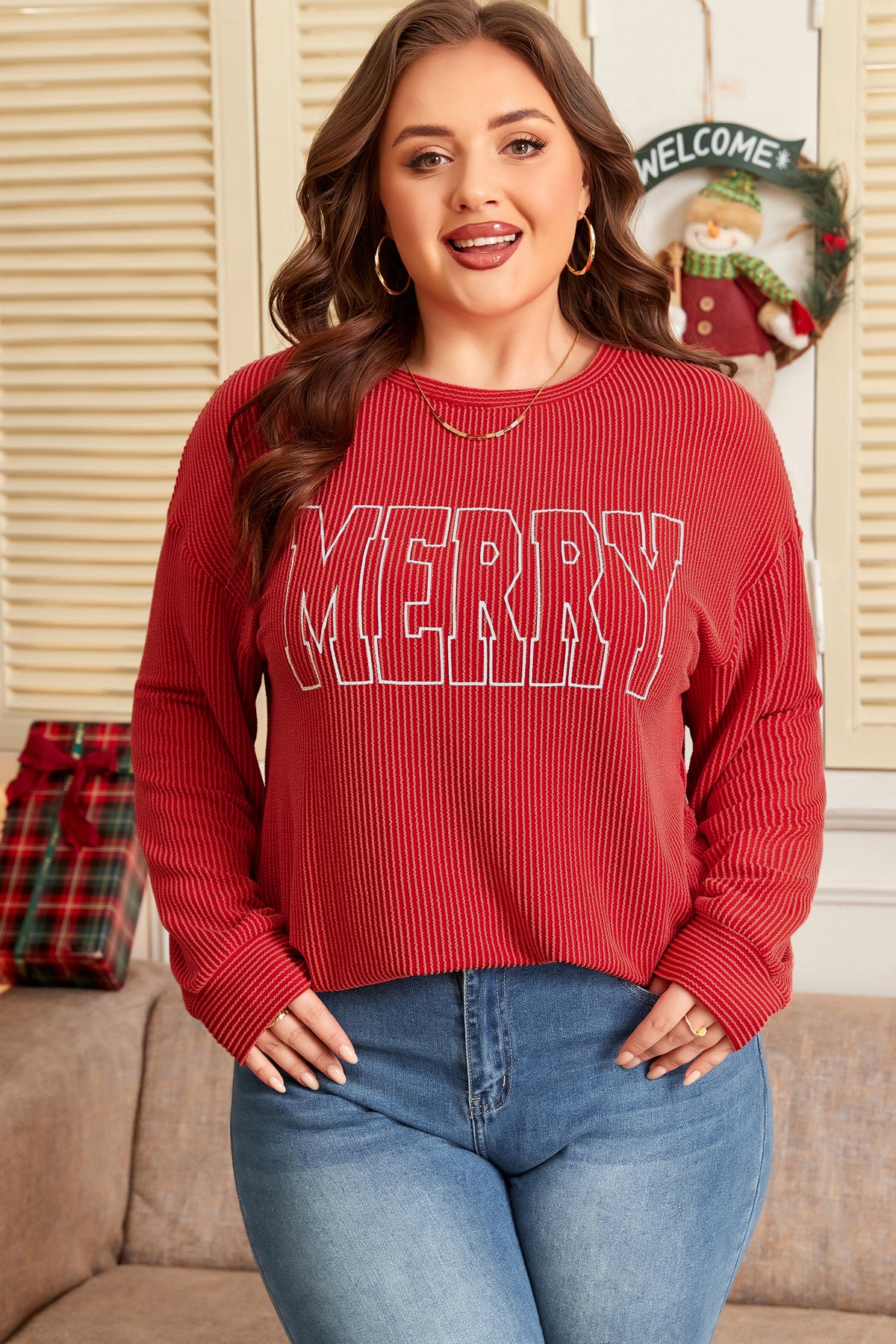 Fiery Red Ribbed MERRY Letter Graphic Plus Size Pullover