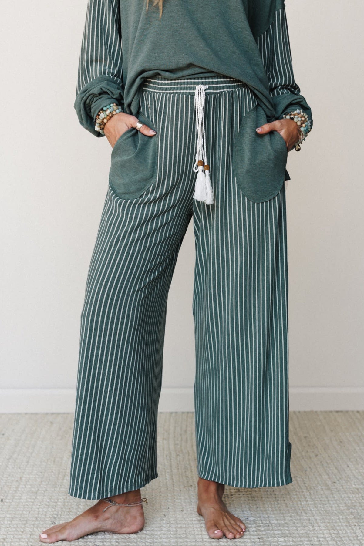 Women's Fushia Raw Seam Patchwork Long-Sleeve Top Pocket Casual Pants Two-Piece Set
