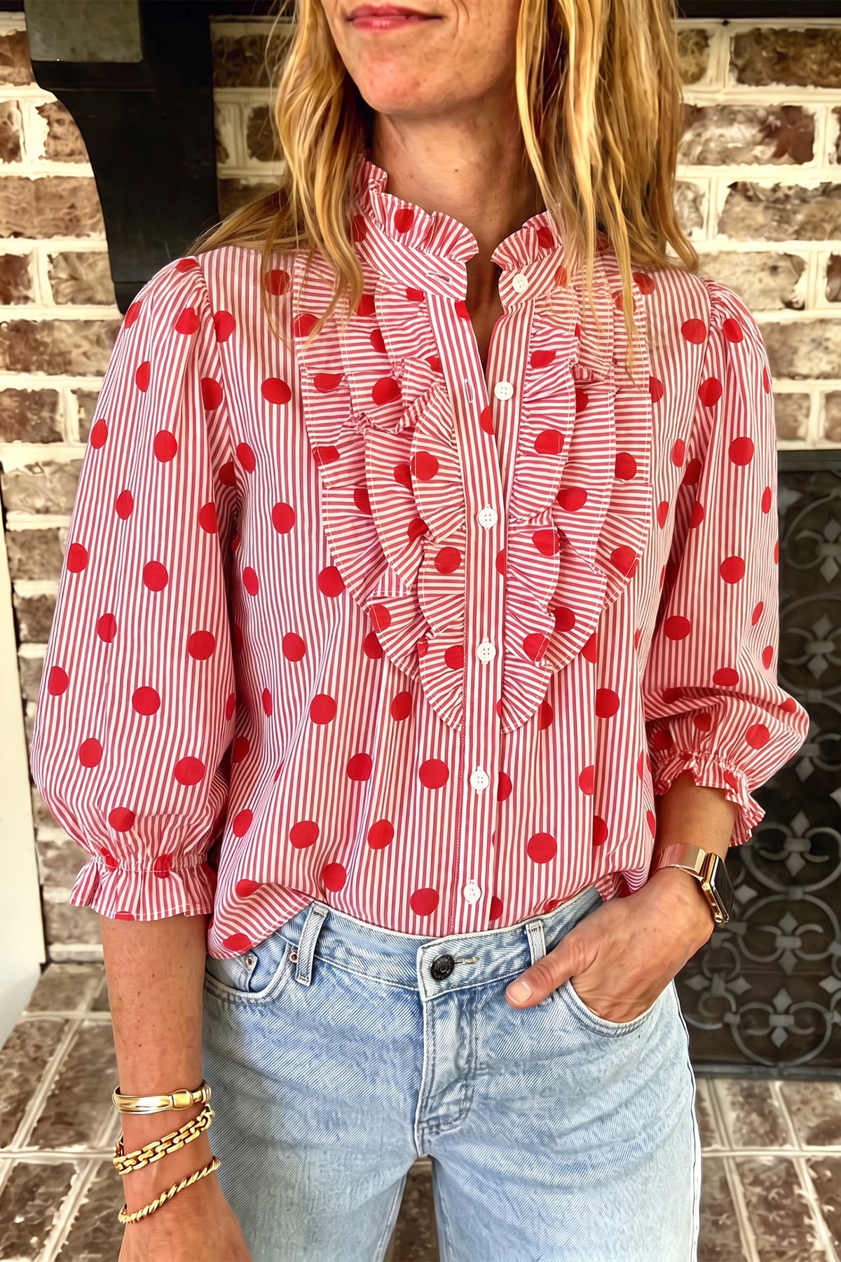 Fiery Red Polka Dot Striped Print Ruffle Stand Shirt