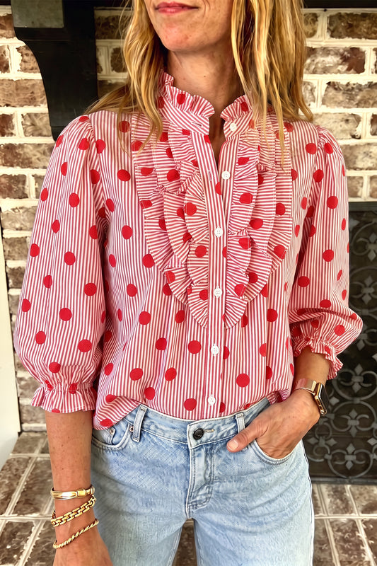 Fiery Red Polka Dot Striped Print Ruffle Stand Shirt