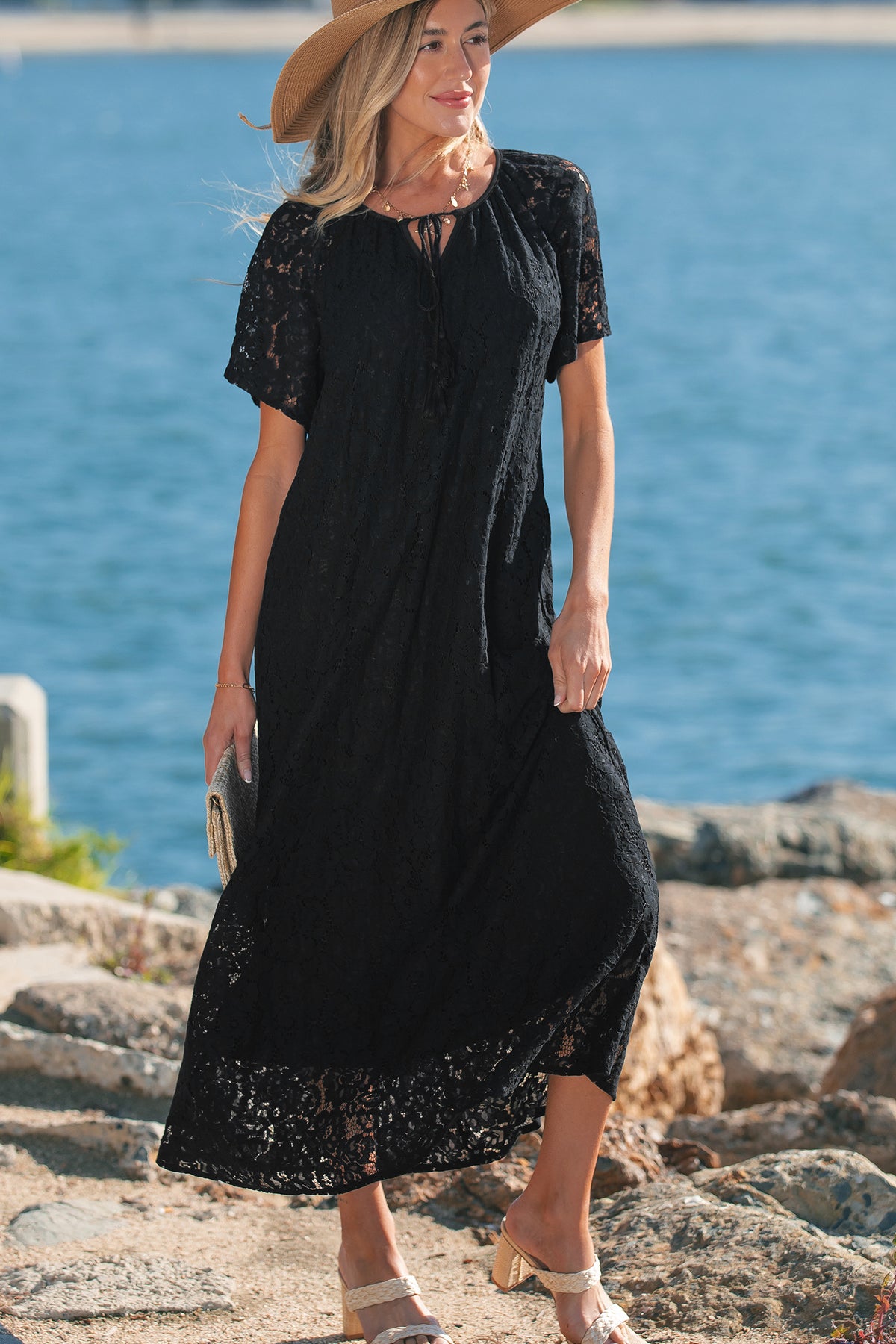 Black Floral Lace Overlay Tassel Tie Beach Vacation Maxi Dress