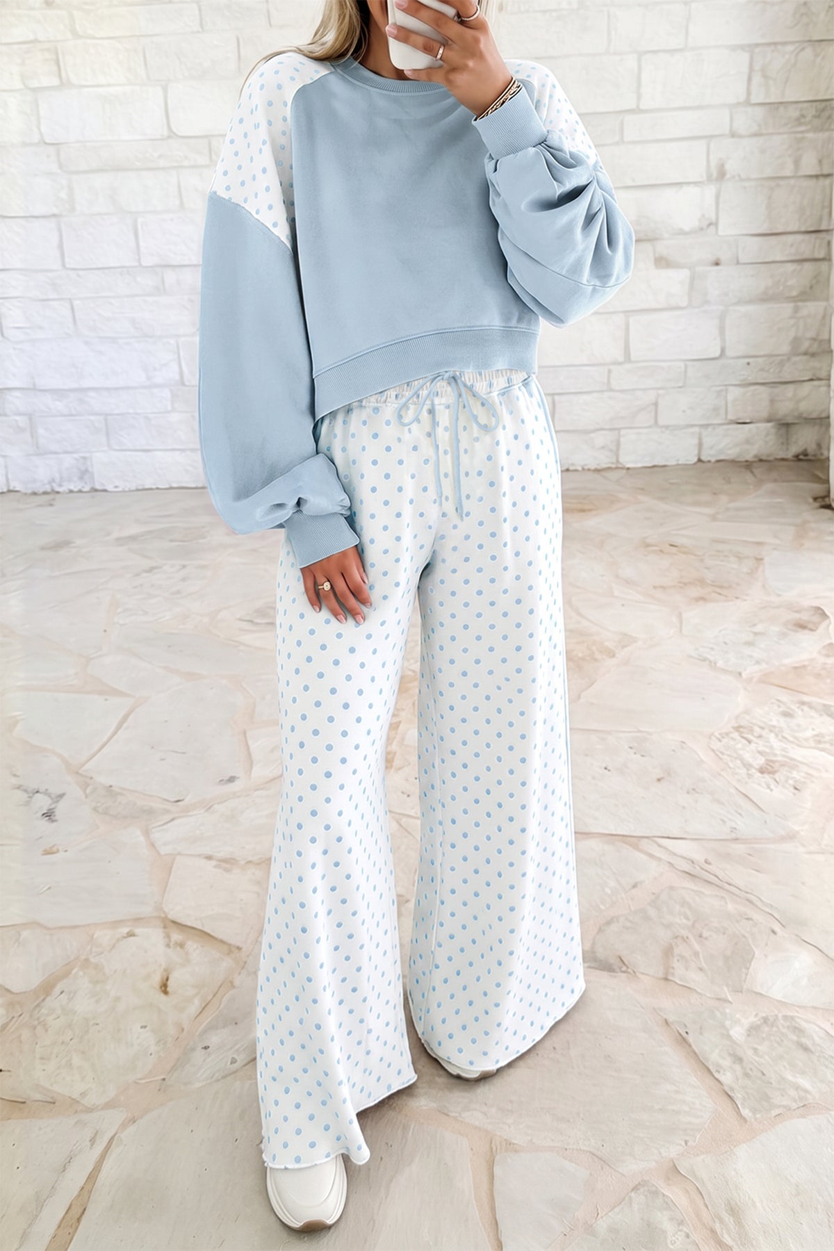 Women's Green Polka Dot Patchwork Colorblock Long-Sleeve Casual Two-Piece Pants Set