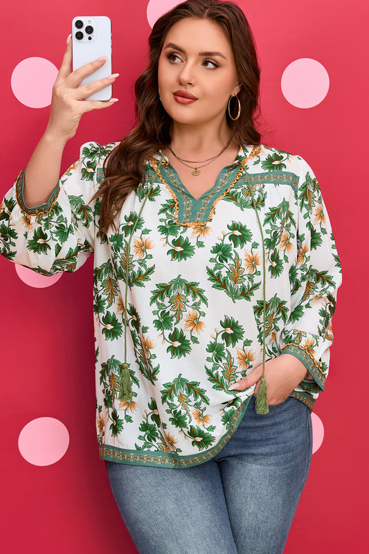 Green Plus Size Floral Printed Contrast Tassel Tie Blouse