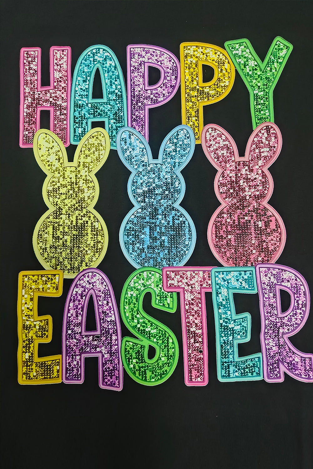Black Glittering Bunny HAPPY EASTER Graphic T-Shirt
