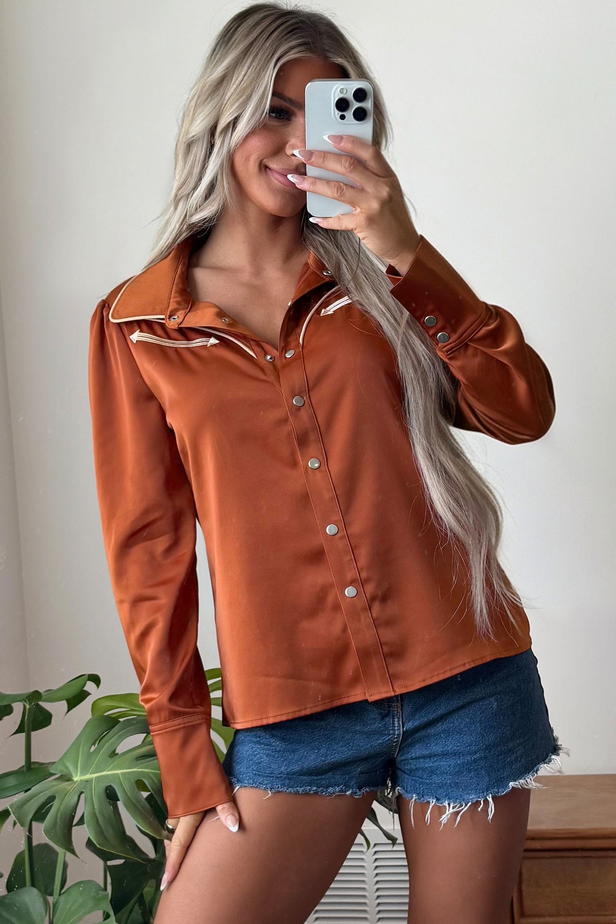 Cinnamon Silky Button Front Western Fashion Shirt