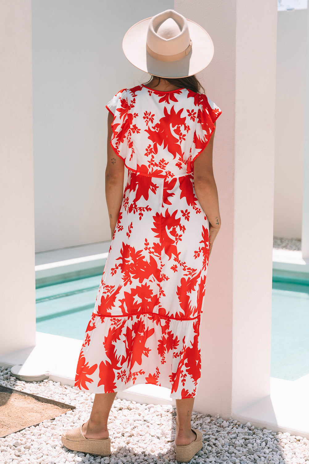 Red Floral Ruffle V-Neck Maxi Dress