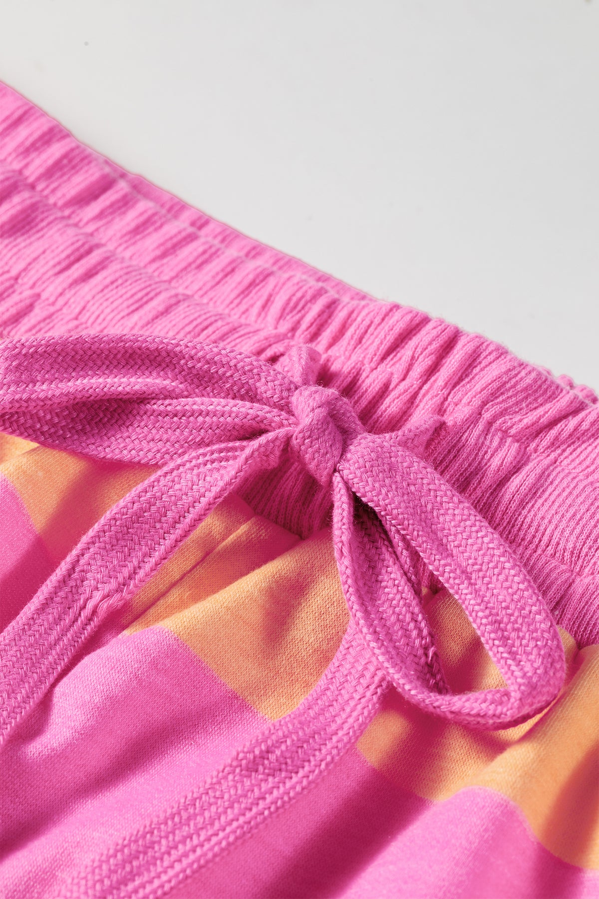 Women's Pink Stripe Long-Sleeve Casual Top Drawstring Shorts Two-Piece Set