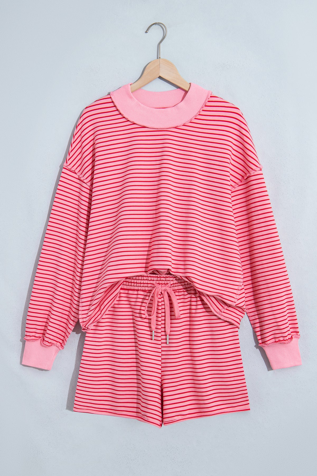 Women's Pink Stripe Ribbed Patchwork Mock Neck Baggy Pullover Matching Shorts Set