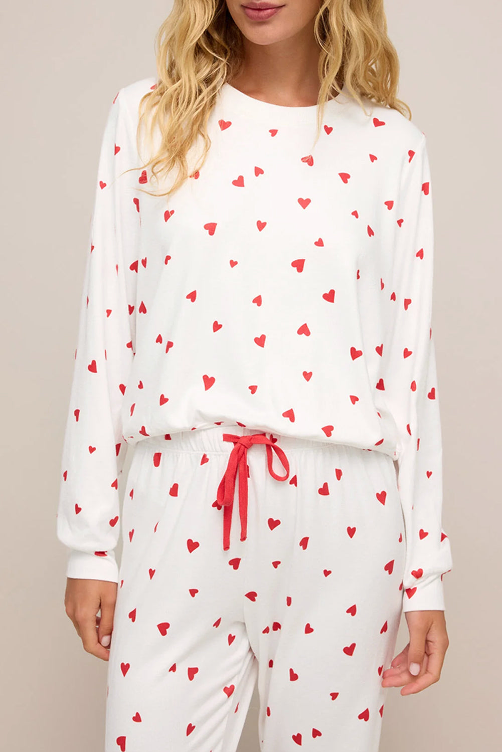 Fiery Red Tiny Hearts Long Sleeve Top Drawstring Lounge Pant Set