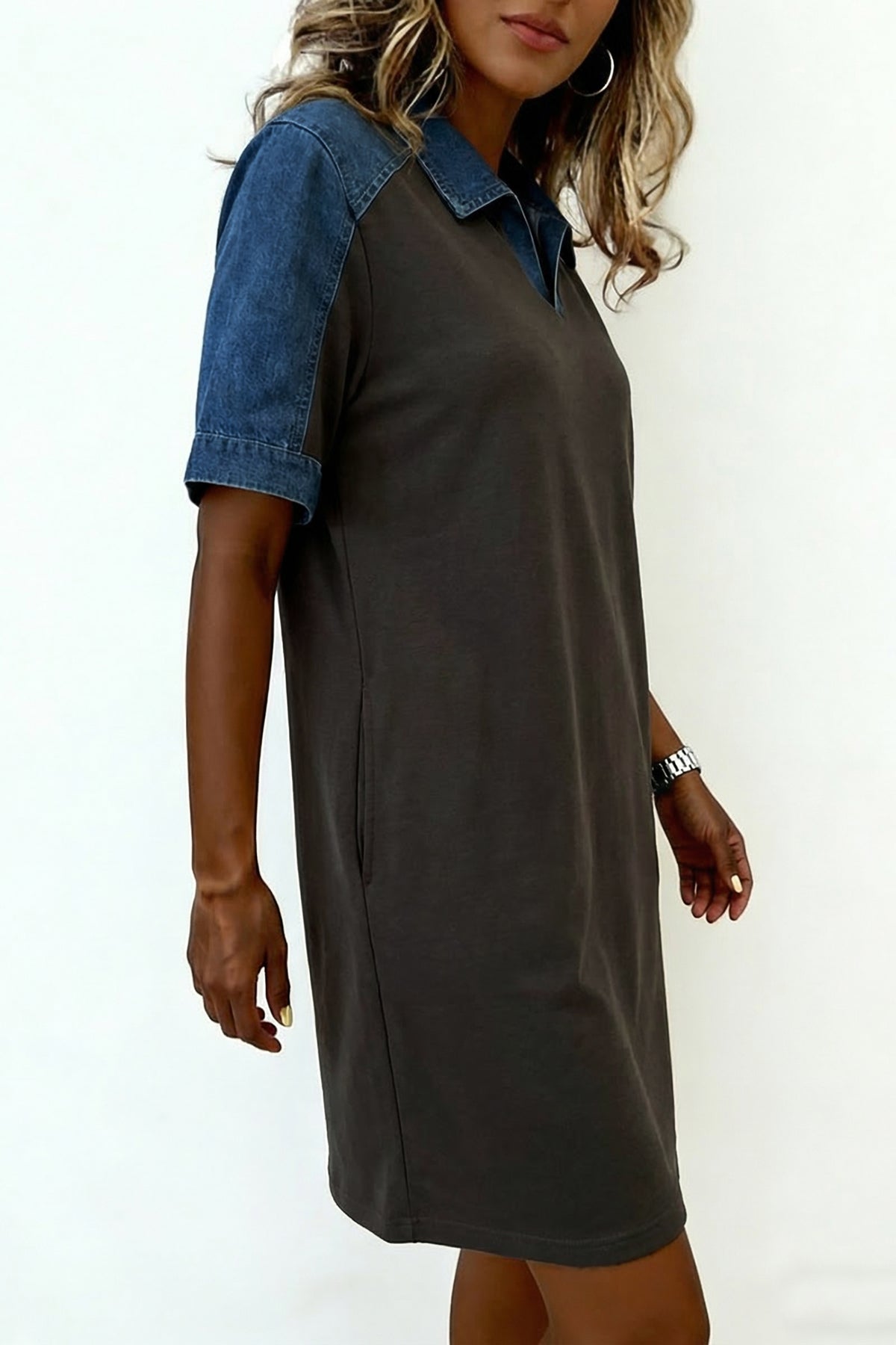 Carbon Grey Color Block Denim Patchwork T Shirt Shift Dress