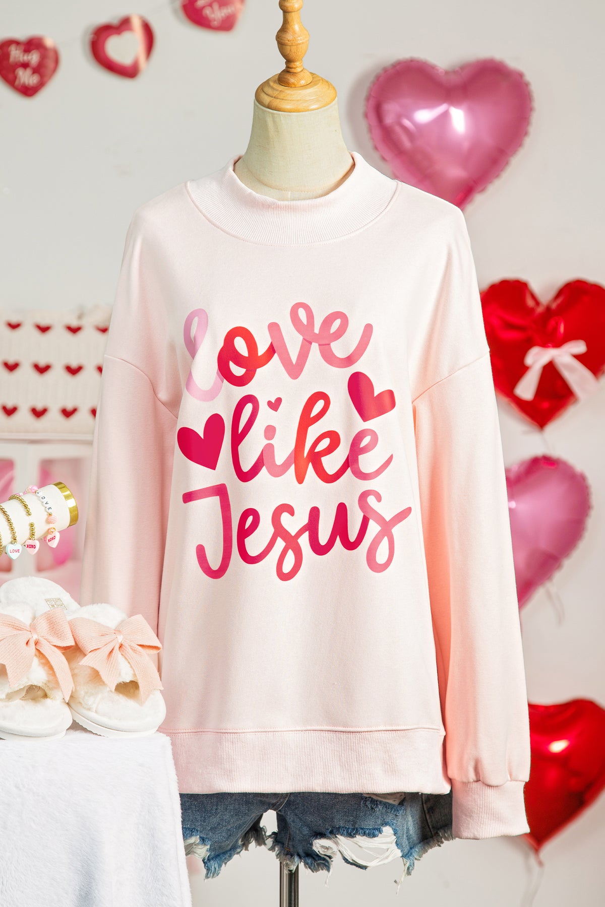 Light Pink love like Jesus Valentines Day Mock Neck Sweatshirt