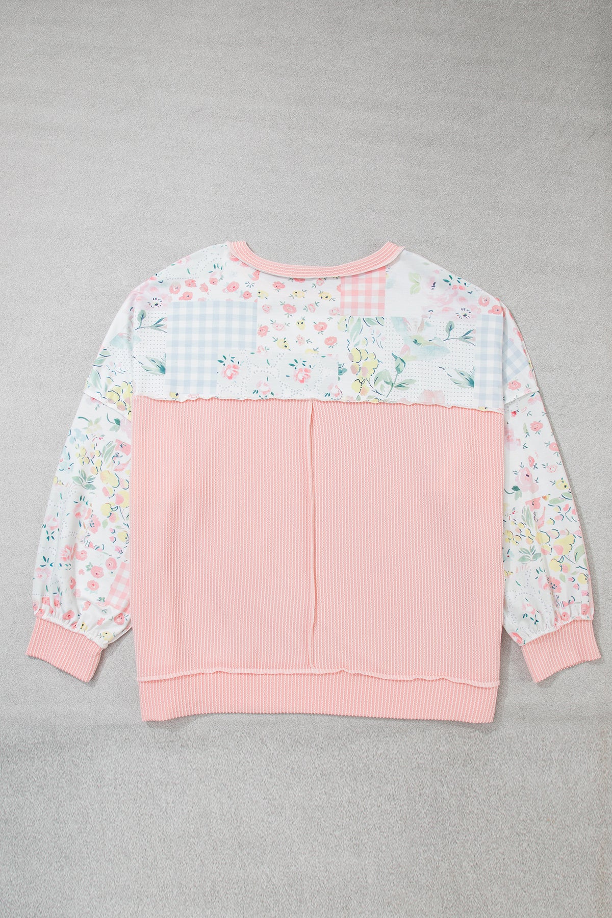 Pink Patchwork Floral Print Long-Sleeve Tunic Plus Size Blouse