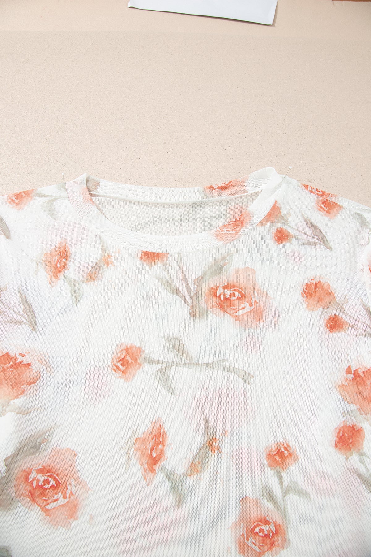 Red Plus Size Floral Print Sheer Mesh Long-Sleeve Top