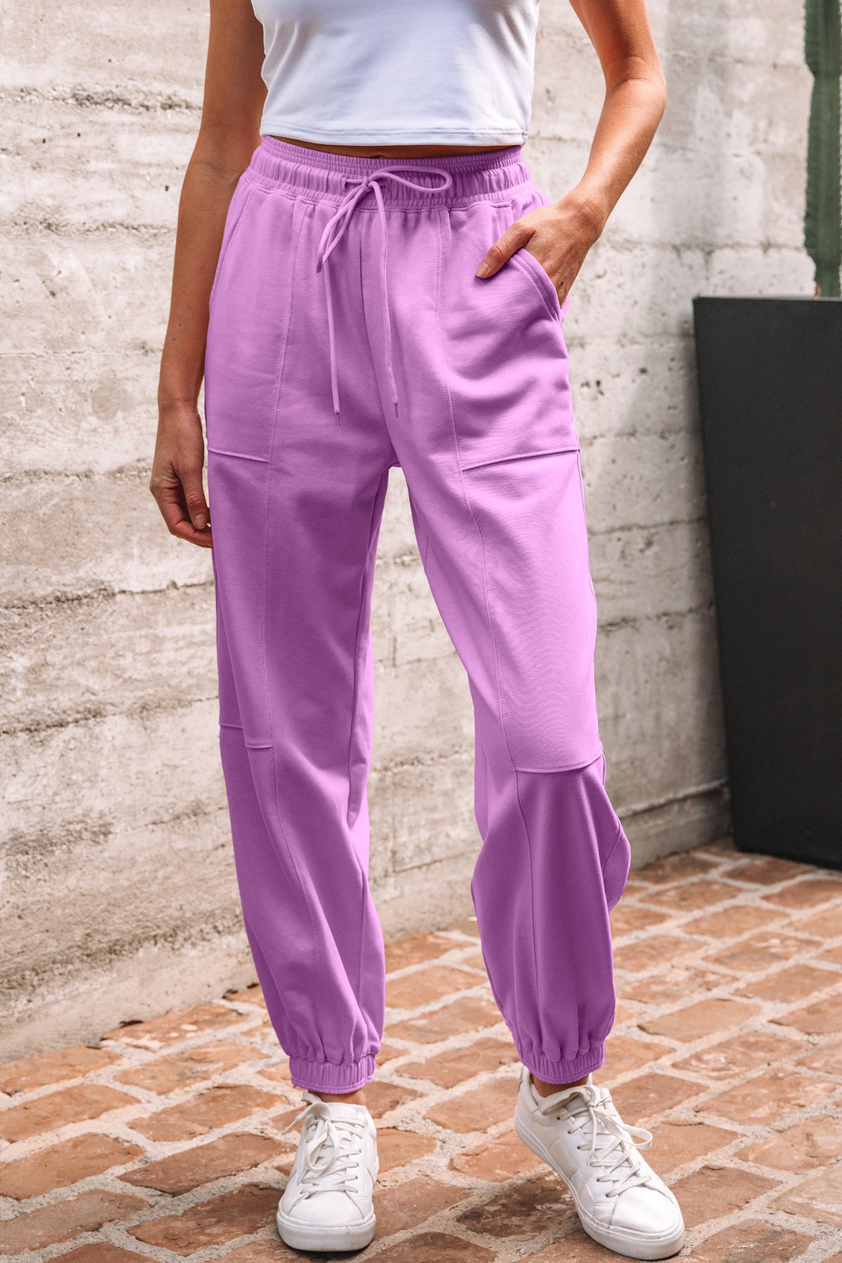 Lilac Drawstring Elastic Waistband Solid Jogger Pants