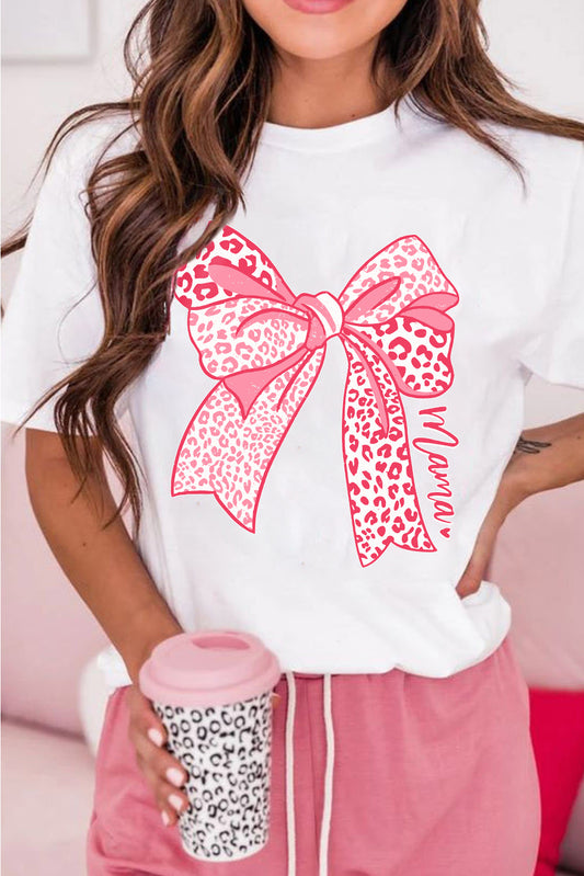 White Leopard Bow Graphic Mothers Day Fashion T-Shirt