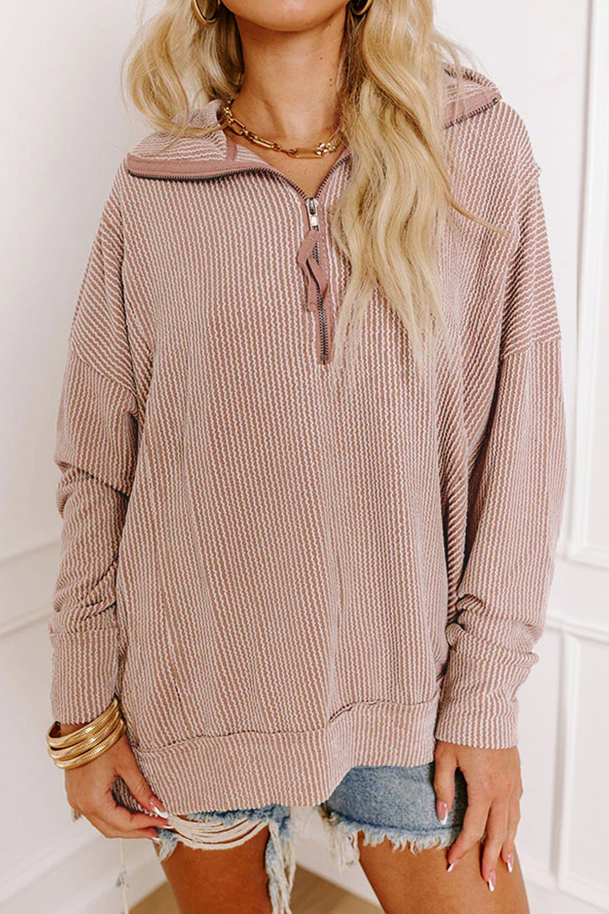 Oatmeal Twist Ribbed Zipper Collar Drop Shoulder Top