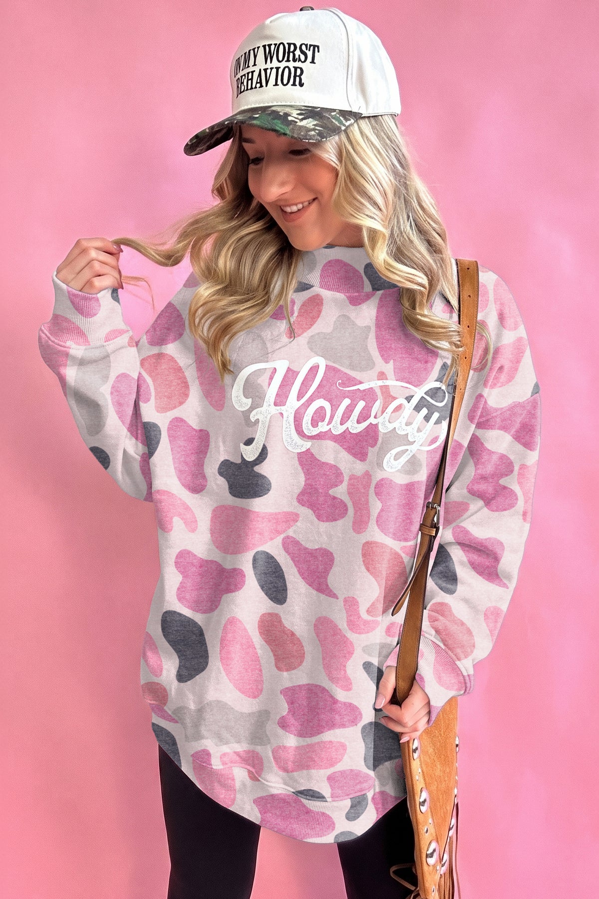 Pink Camo Print Howdy Western Style Sweatshirt