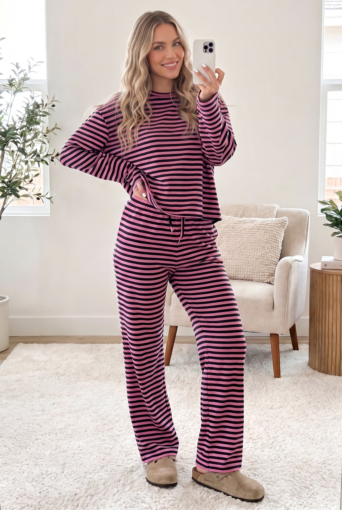 Women's Pink Stripe Casual Long-Sleeve Top Drawstring Pants Set