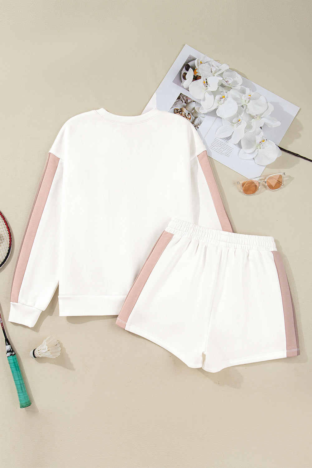 Women's White Color Block Patchwork Drop Shoulder Pullover Shorts Two-Piece Outfit Set