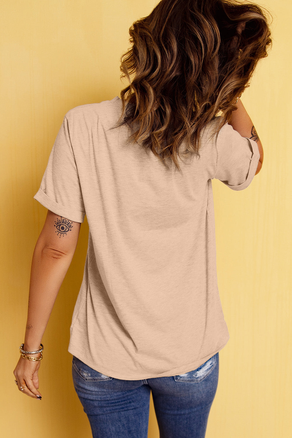 Khaki Sequin Horses Patched Casual Crewneck T-Shirt
