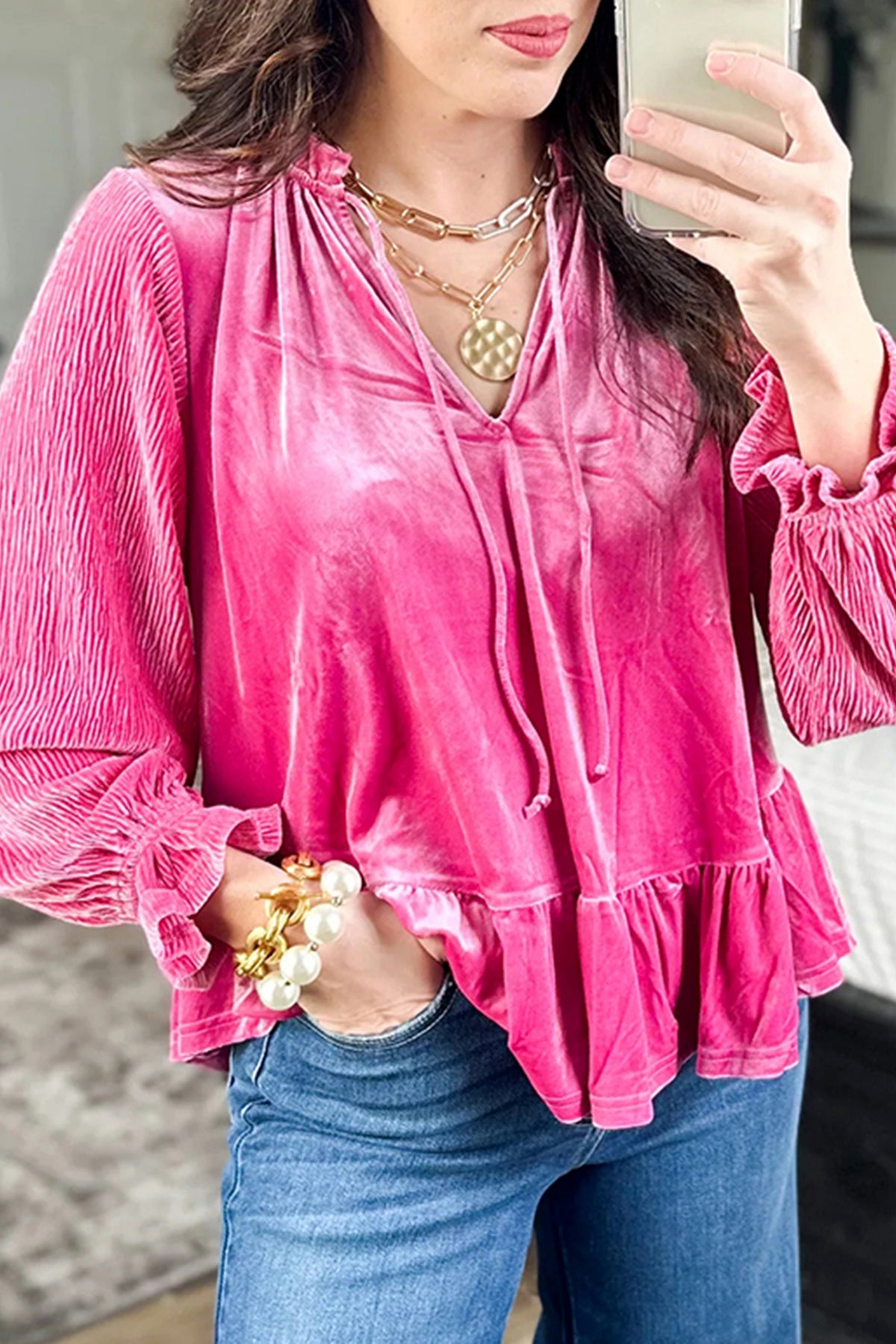 Strawberry Pink V Neck Velvet Ruffled Cuffs Hem Top