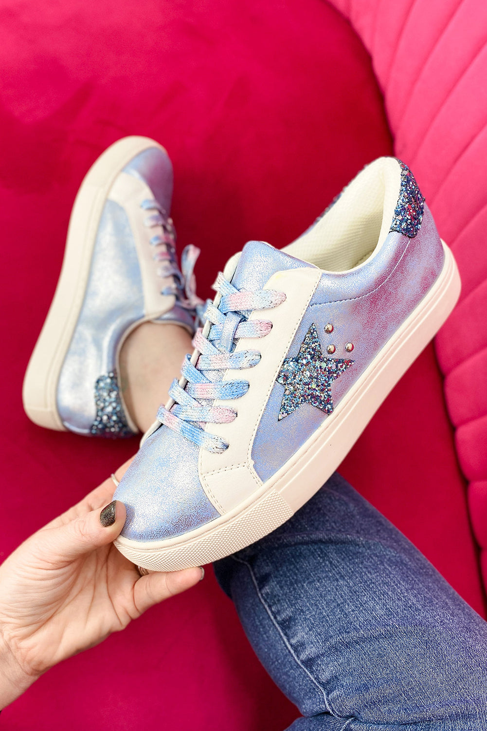 Silver Star Sequin Patchwork Criss Cross Casual Shoes