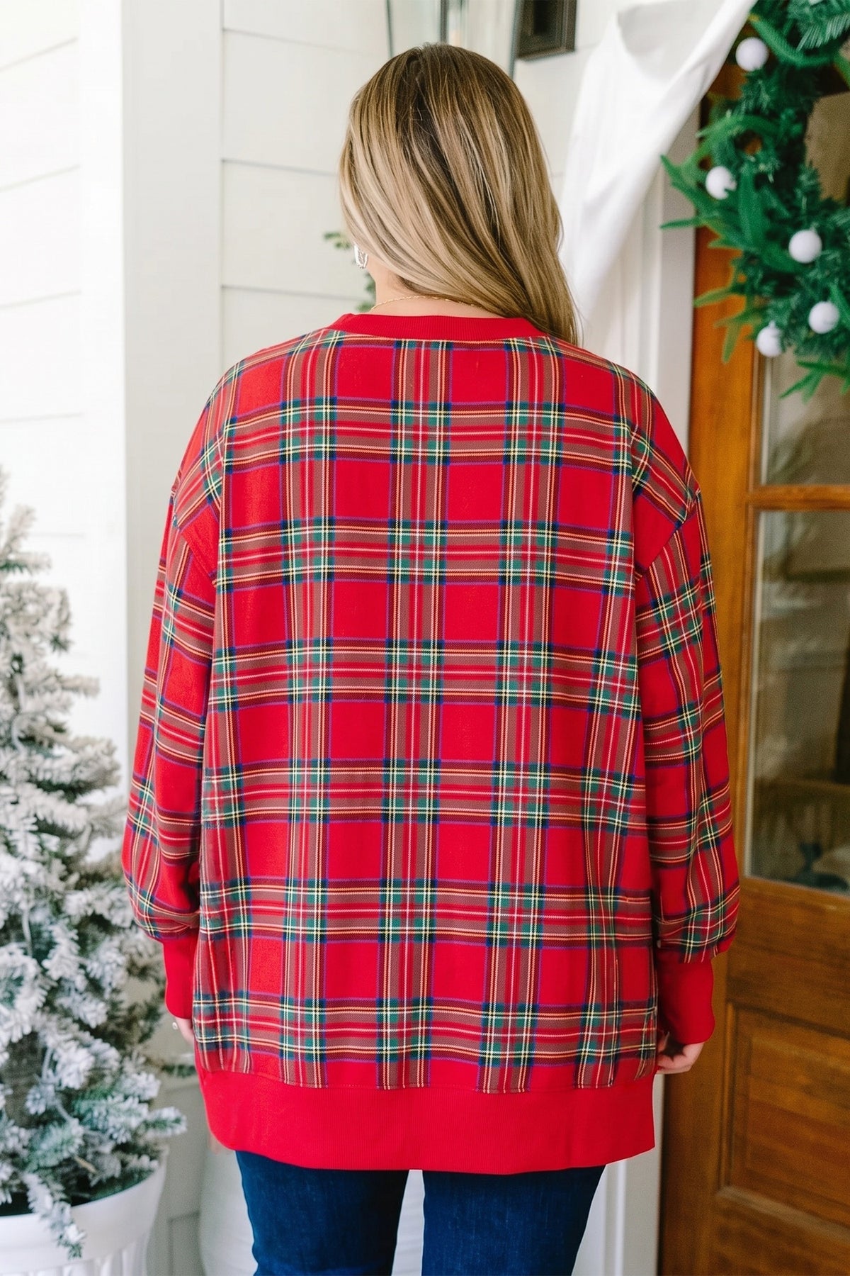 Red Plus Size Festive Plaid Split Tunic Sweatshirt